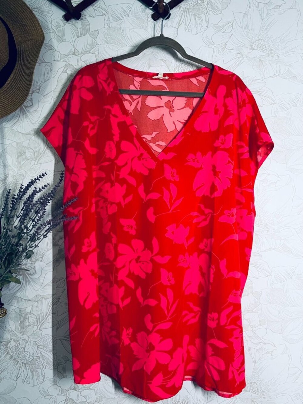Jodifl Red & Pink Floral V-Neck Tunic Dress 3X 100% Polyester